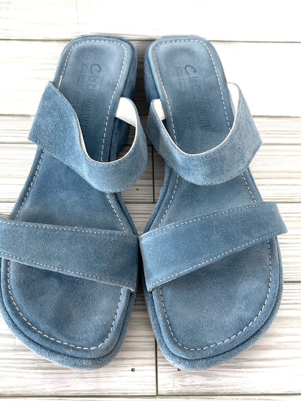NWOT La Canadienne
Women's Double Strap Wedge Suede Sandal Ocean Slate Blue 8.5